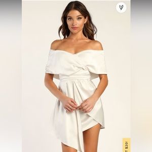 Lulu’s Always Celebrating Ivory Satin Off-the-Shoulder Mini Dress Ivory White